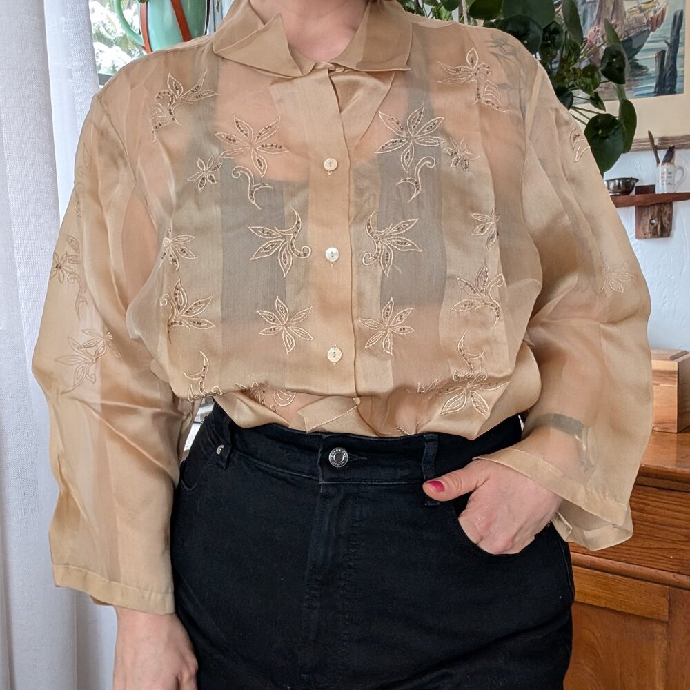 Lane Bryant - NWOT 100% silk, embroidered, sheer satin stripe blouse - 22/24